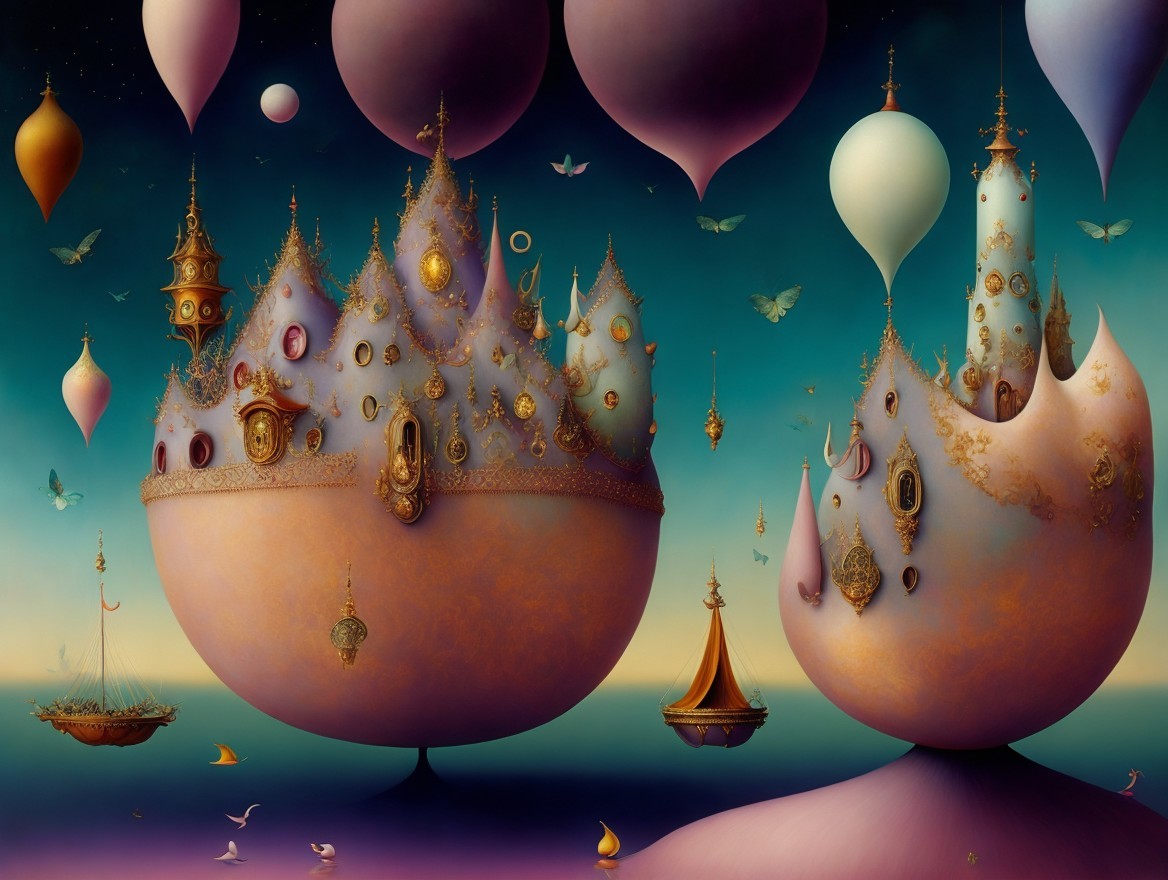 Surreal Landscape with Floating Islands and Balloons