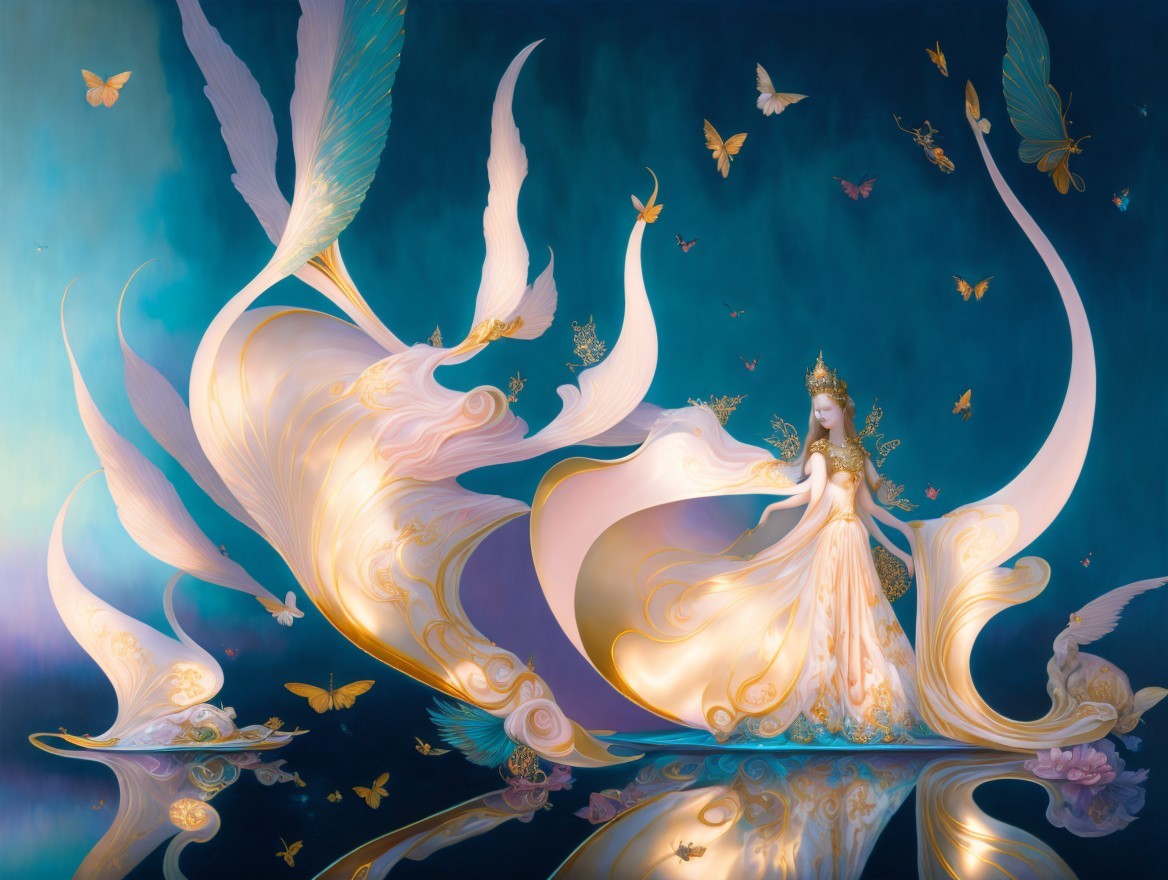 Ethereal Figure in Flowing Gown with Butterflies