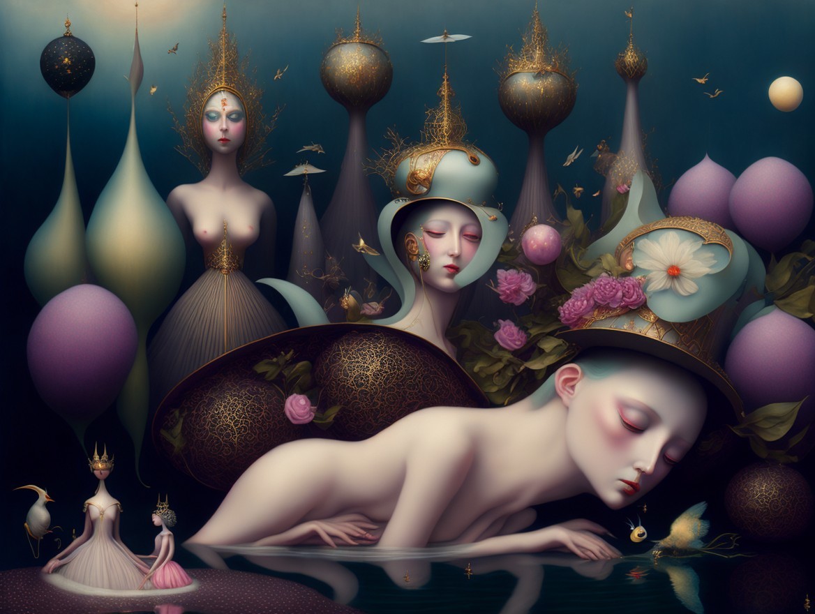 Surreal Scene with Ethereal Figures and Fantastical Plants