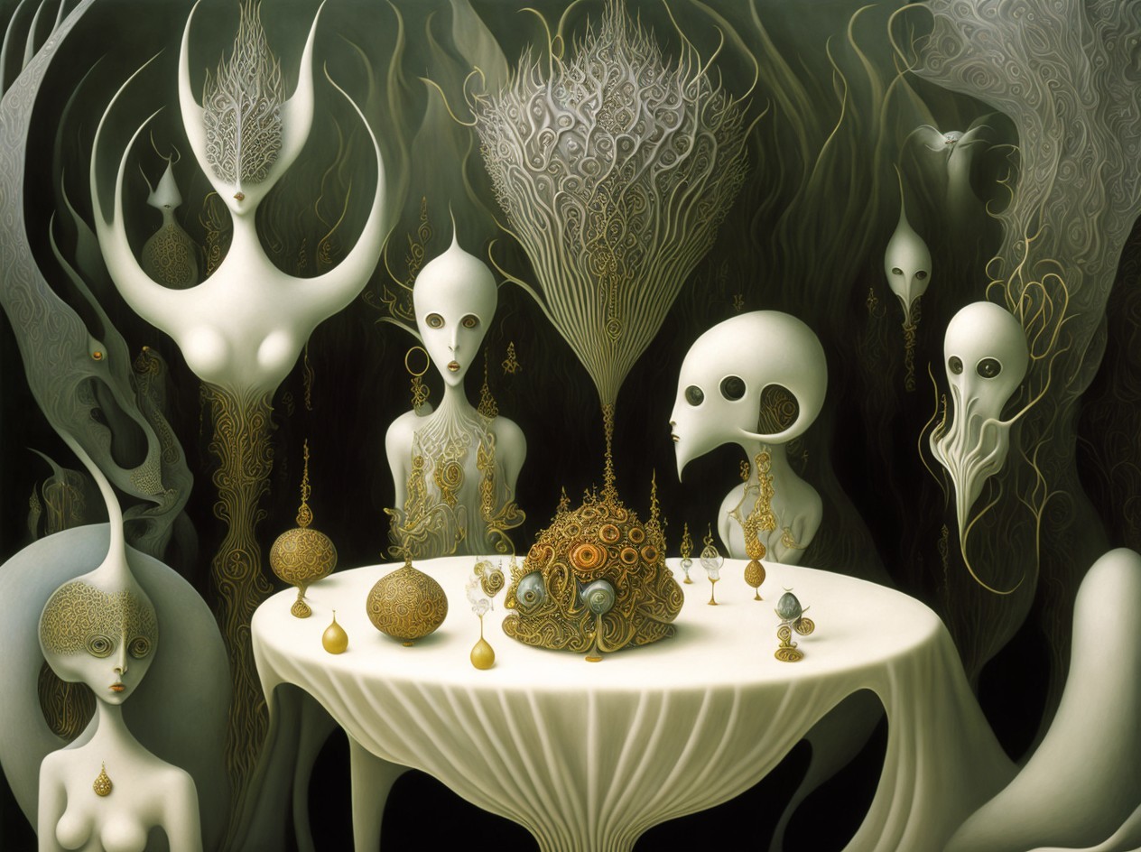 Surreal Gathering of Ethereal Figures in Mystical Setting