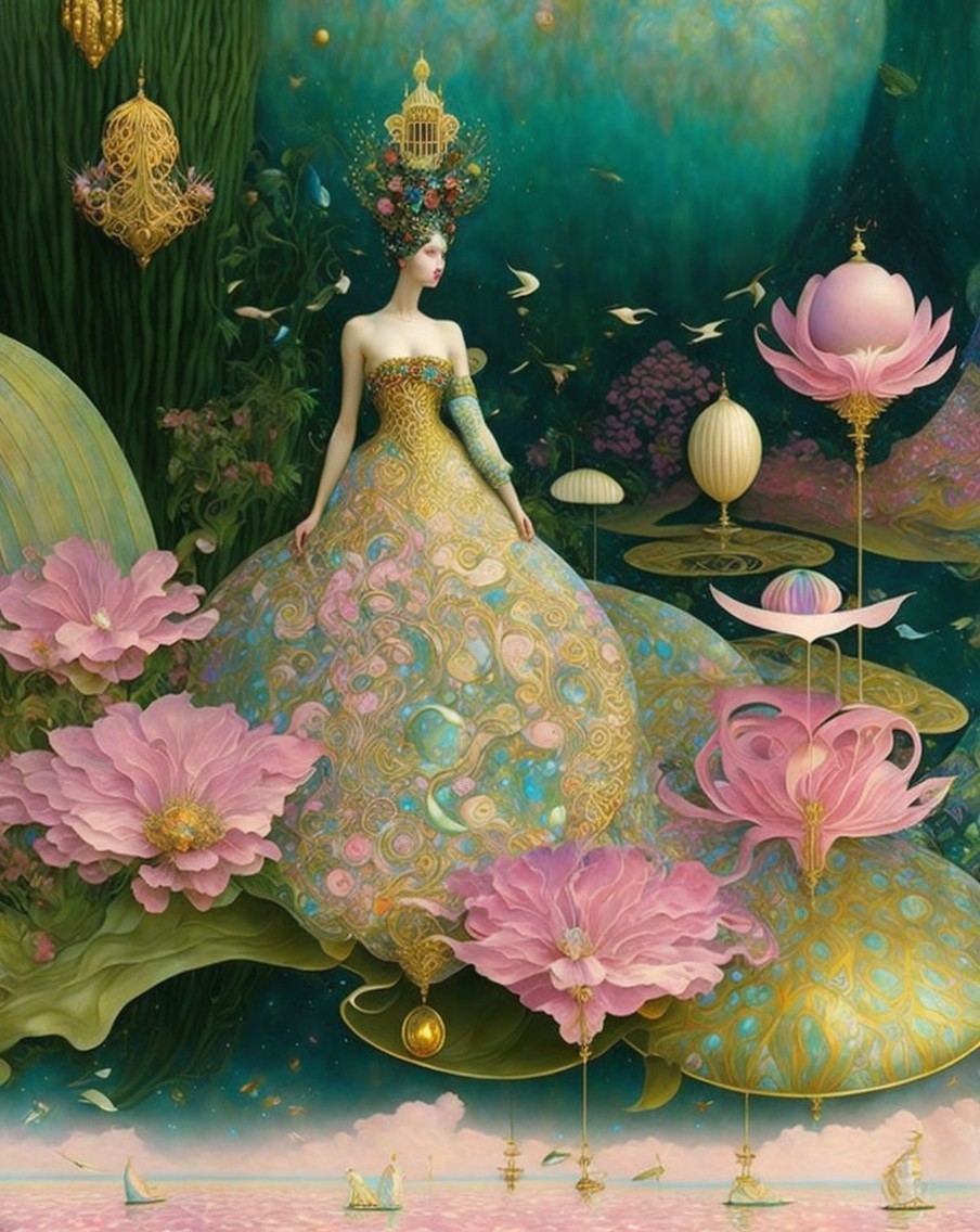 Fantastical Scene with Floral Patterns and Whimsical Elements