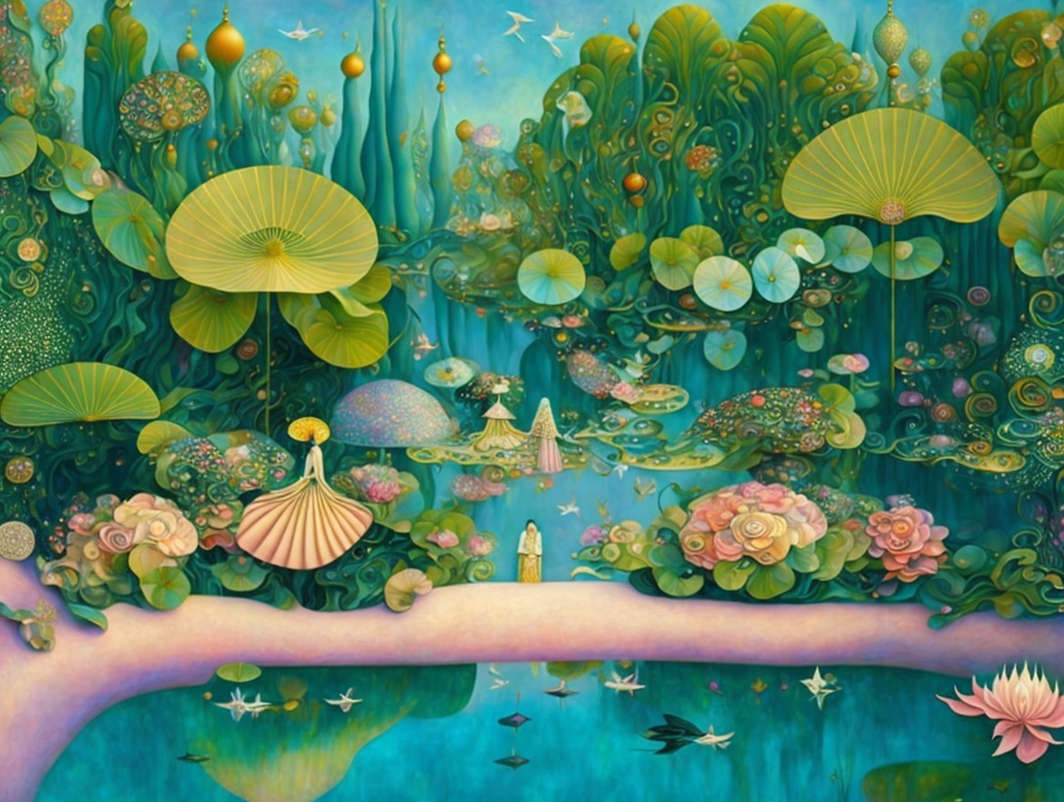 Surreal Landscape with Lush Greenery and Colorful Flora