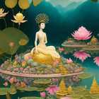 Serene Figure on Golden Dress in Whimsical Landscape