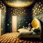 Surreal Opulent Bedroom with Golden Spheres and Luxe Decor