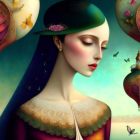 Serene Figure in Ornate Attire with Dreamlike Elements