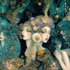 Ethereal Figures with Golden Details and Nature Motifs