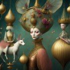 Ethereal Figures in Golden Garments with Deer and Lanterns