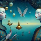 Elegant Figures in Blue and Gold Against Starry Sky