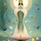Mystical Figure in Gown Surrounded by Ethereal Birds