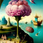 Surreal Painting of Bulbous Structure and Whimsical Figures