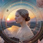 Serene Woman Surrounded by Geometric Patterns and Nature