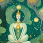 Large Meditative Figure Surrounded by Whimsical Trees