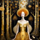 Surreal Scene of Woman in Golden Gown in Enchanted Forest