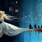 Ethereal Figure in Golden Gown in Vibrant Landscape