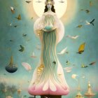 Serene figure in intricate robes with golden crown