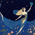 Graceful figure in blue attire with glowing orb at night