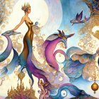 Fantasy Illustration of a Woman with Mythical Creatures