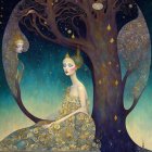 Ethereal Woman Beneath Stylized Tree with Cosmic Elements