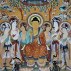 Ethereal Women in Shimmering Attire Against Dreamlike Background