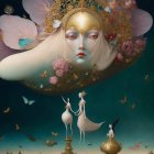 Surreal Landscape with Ethereal Face and Elegant Figures