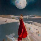 Surreal Scene with Figure in Red Dress and Moon Face