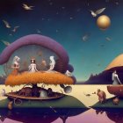 Surreal Landscape with Whimsical Figures and Flora