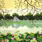 Vibrant Landscape with Traditional Figures and Lotus Flowers