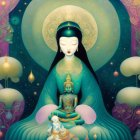 Ethereal figure in turquoise garments with luminous orbs