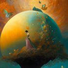 Surreal Painting of Ethereal Figures on Vibrant Orb