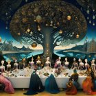 Mystical Gathering Under a Cosmic Tree at Night