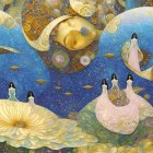 Dreamlike scene with serene figure on blue waves