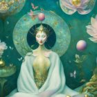Serene figure in flowing garments with floral elements