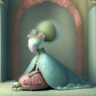 Surreal landscape with whimsical structures and ethereal face