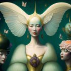 Ethereal Figure Surrounded by Stylized Faces and Butterflies