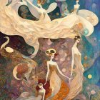 Whimsical Art Nouveau Painting of Women and Creatures