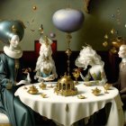 Elegant Figures at a Lavish Table in Surreal Setting