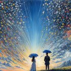 Couple Walking with Umbrellas in Enchanting Forest