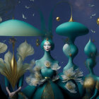 Surreal Artwork of Ethereal Figures in Vibrant Teal