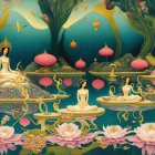 Ethereal Figures on Vibrant Platforms in Surreal Landscape