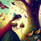 Whimsical Scene of a Woman with a Nest by a Tree