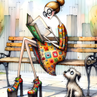 Young Woman Reading on Park Bench with Rabbit Nearby