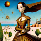 Woman in Golden Dress in Surreal Landscape Scene