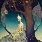 Serene figure in intricate gown beside surreal tree