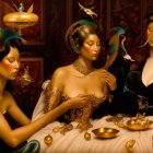 Elegant Dining Scene with Glamorous Attire and Decor