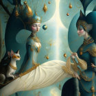 Ethereal Figures in Vibrant Flora with Intricate Objects