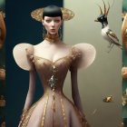 Surreal Figure Surrounded by Whimsical Animals and Birds