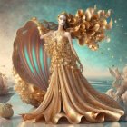 Majestic Figure in Flowing Gown Against Serene Background