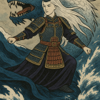 Mystical Figure in Blue and Gold with Celestial Elements