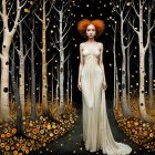 Enchanted Woman in White Dress in Mystical Forest