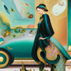 Serene Figure in Elegant Gown with Pastel Background